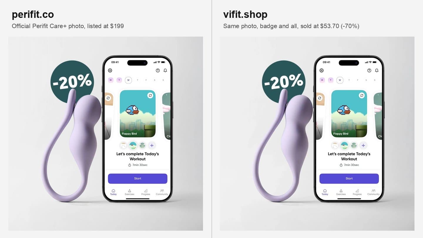 Perifit's official Care+ product photo next to the identical photo on vifit.shop