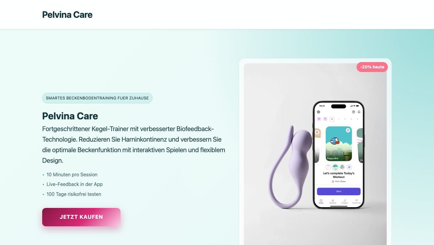 pelvinacare.store showing a Perifit Care+ trainer and app photo under the name Pelvina Care