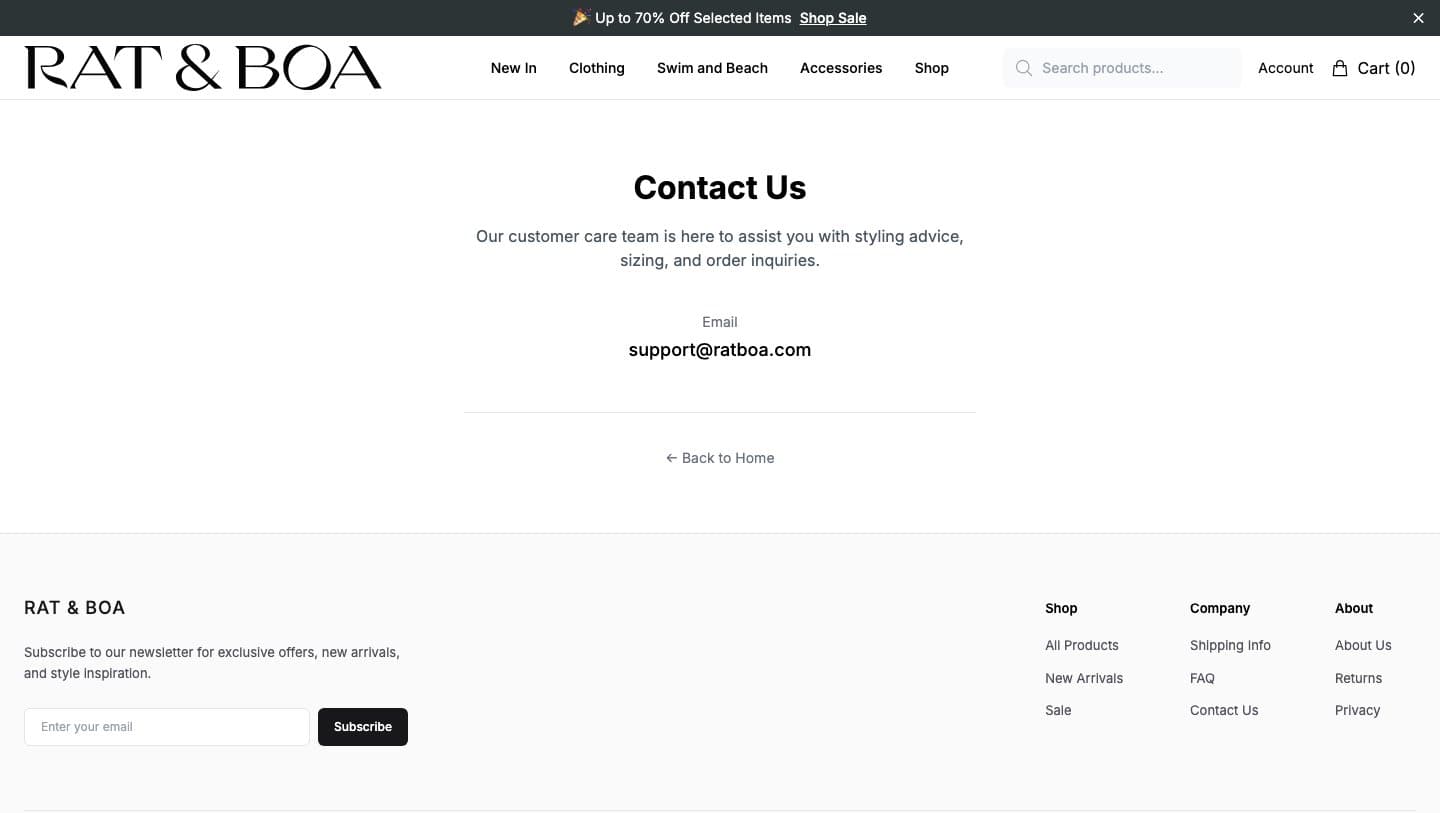 ratandboaofficial.shop contact page listing support@ratboa.com