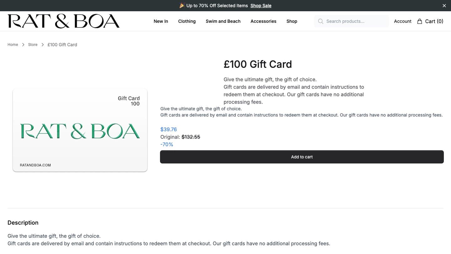 ratandboaofficial.shop selling a Rat & Boa £100 gift card for $39.76