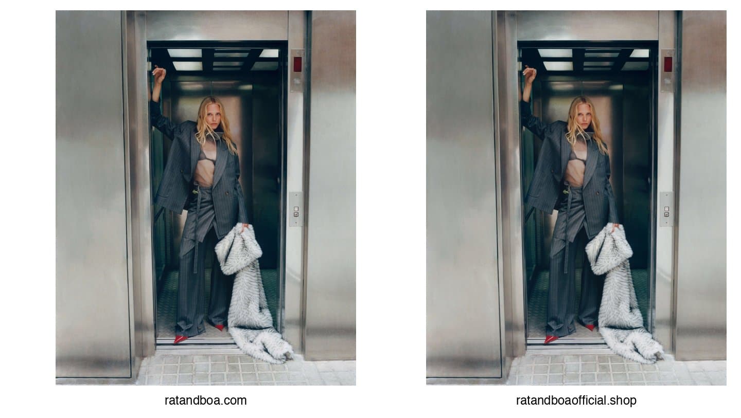 Rat & Boa Cate Blazer photo on ratandboa.com next to the same photo on ratandboaofficial.shop