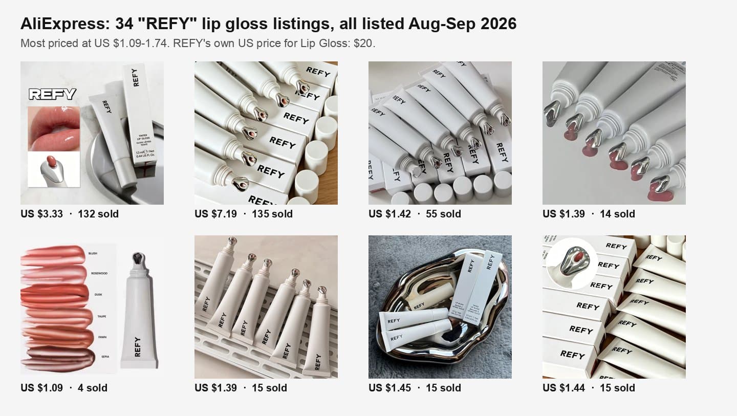 Eight AliExpress listings for REFY-branded lip gloss priced from US $1.09