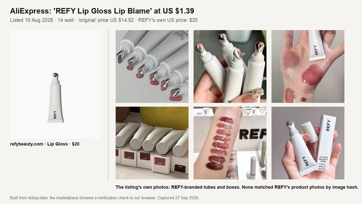 REFY's $20 Lip Gloss next to six photos from an AliExpress 'REFY Lip Gloss Lip Blame' listing at US $1.39