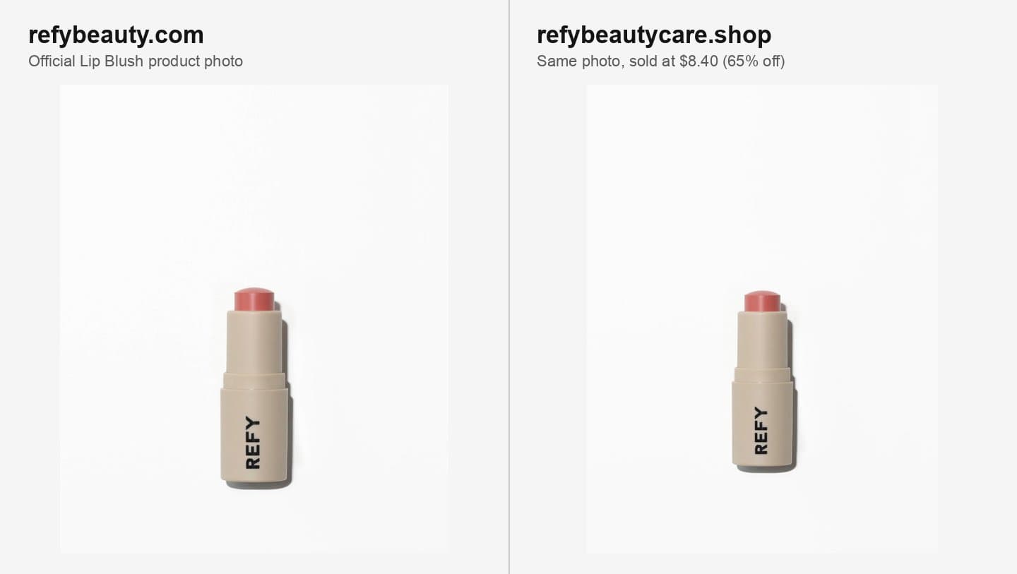 REFY's official Lip Blush photo next to the identical photo on refybeautycare.shop