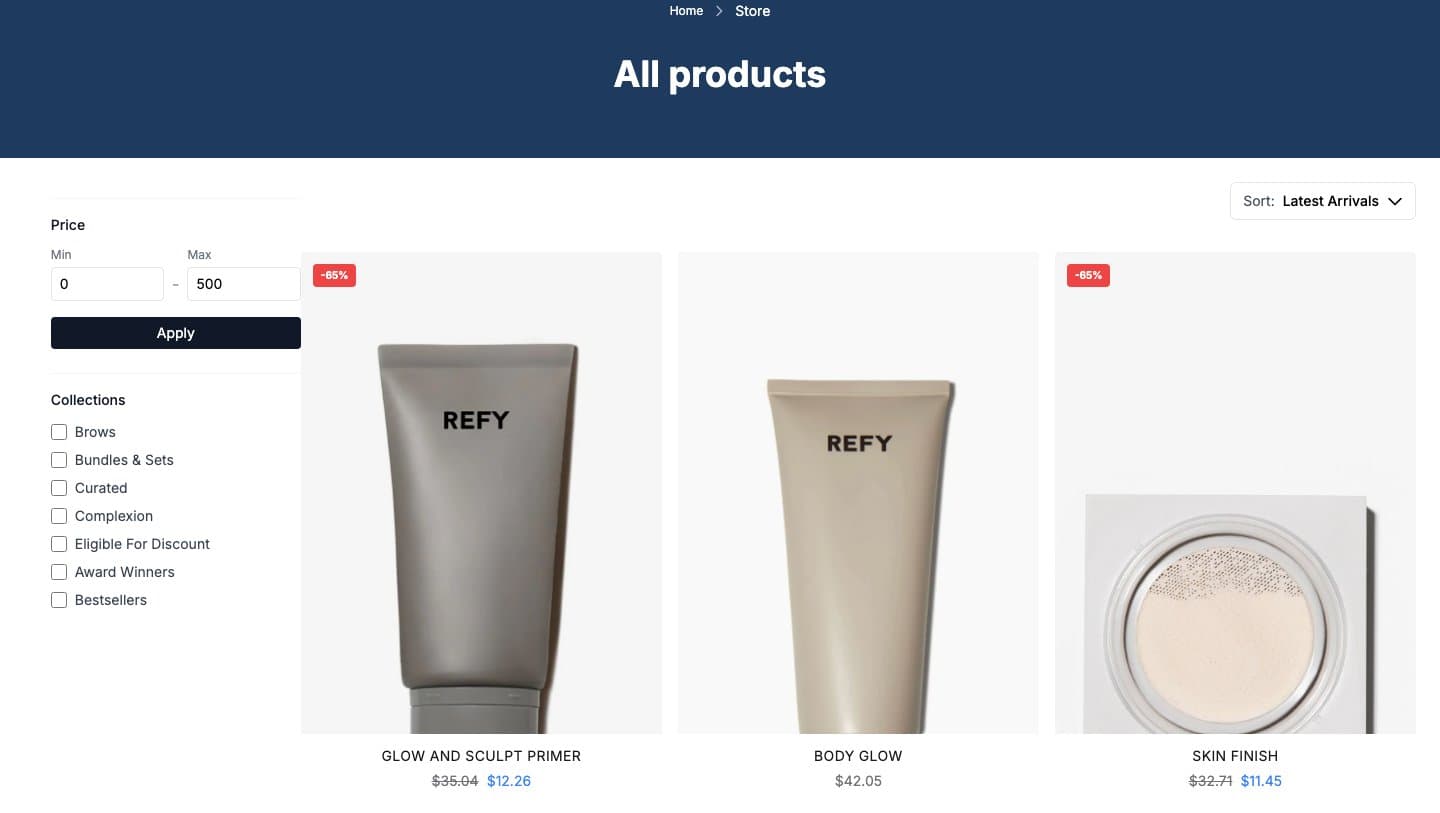 refybeautystore.shop catalogue with 65% off badges on REFY Glow and Sculpt Primer and Skin Finish