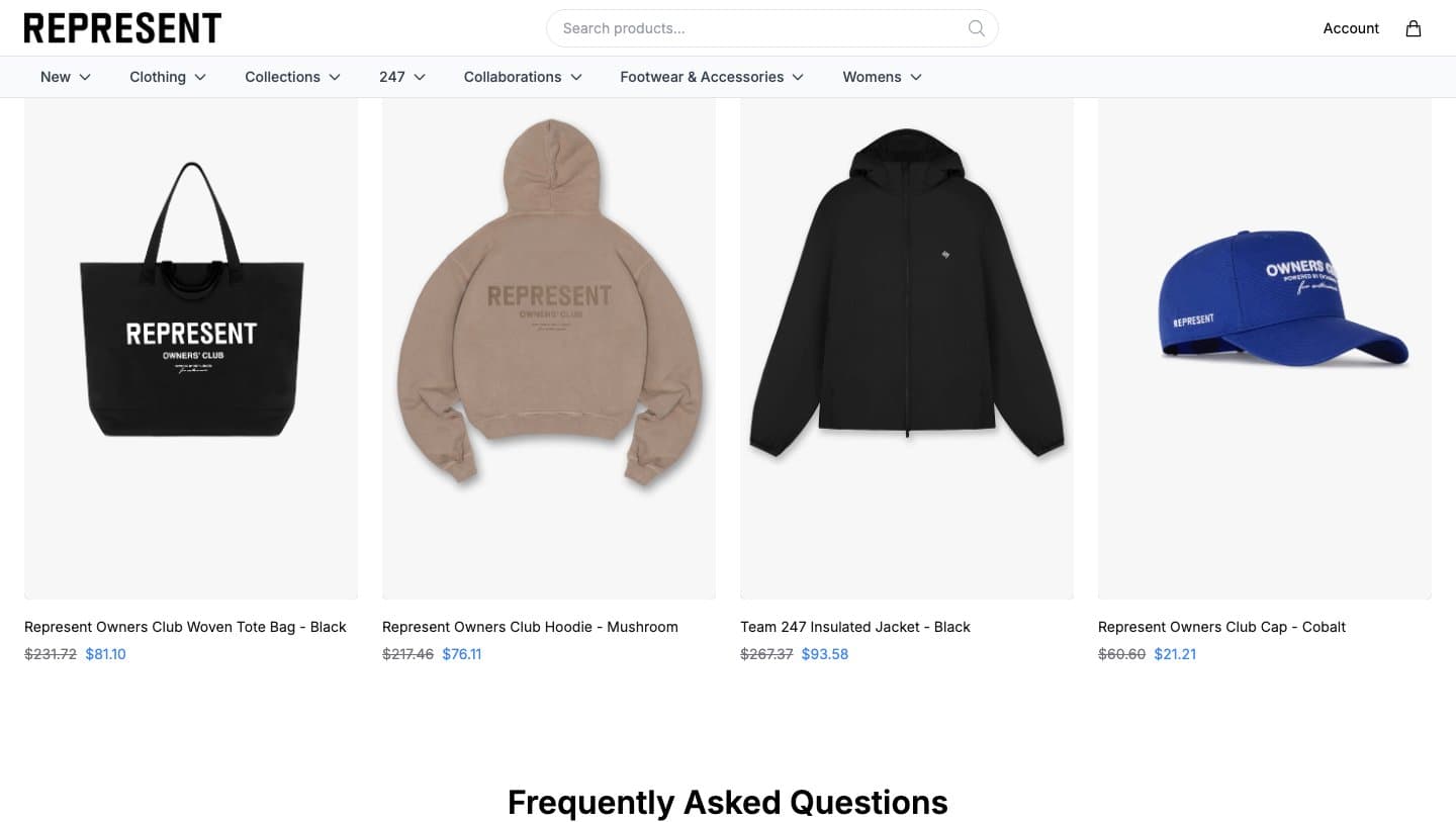 aurepresentclo.shop New Arrivals row with Represent products at 65% off