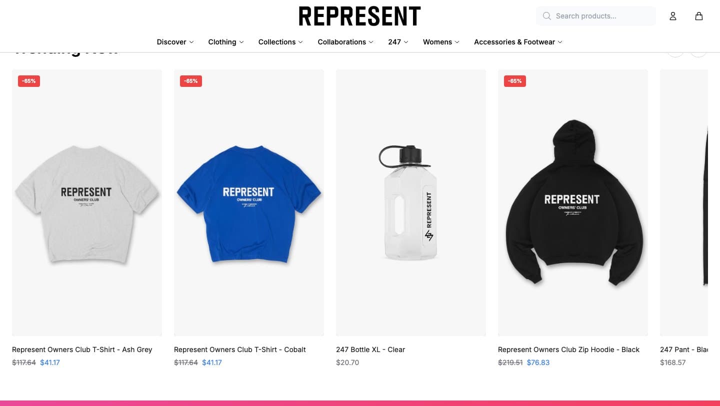 representclogoods.shop Trending Now row with Owners Club T-shirts at 65% off