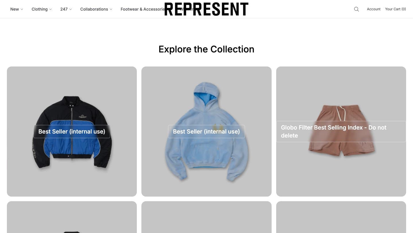 representcloshop.shop collection tiles labelled Best Seller (internal use)