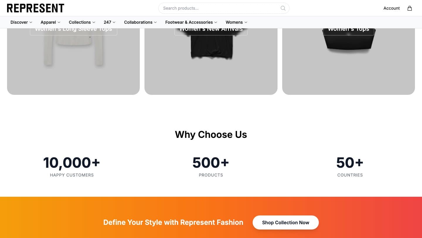 sentiv.shop Why Choose Us block claiming 10,000+ customers, 500+ products and 50+ countries