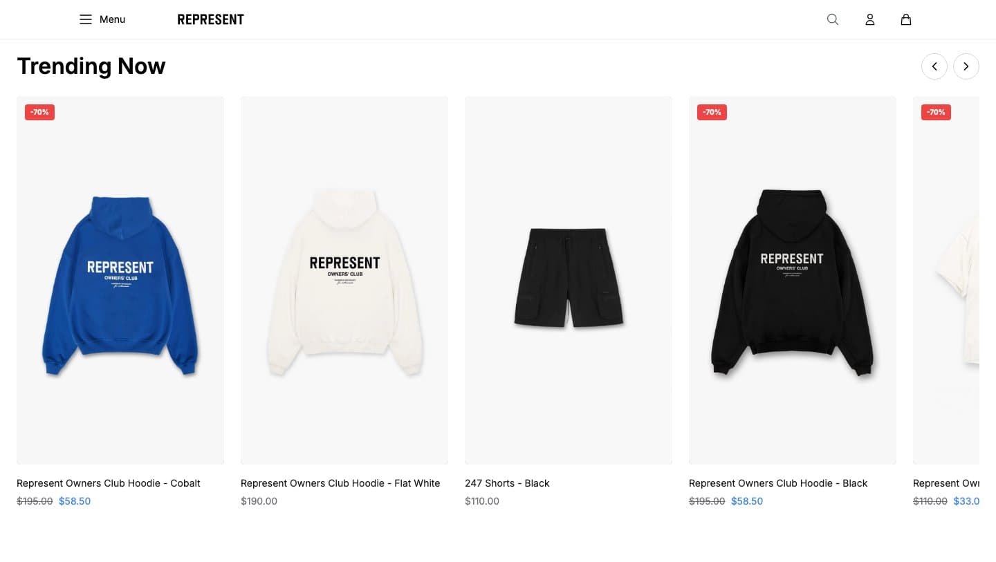 therepresenthq.shop Trending Now row with Owners Club hoodies at 70% off