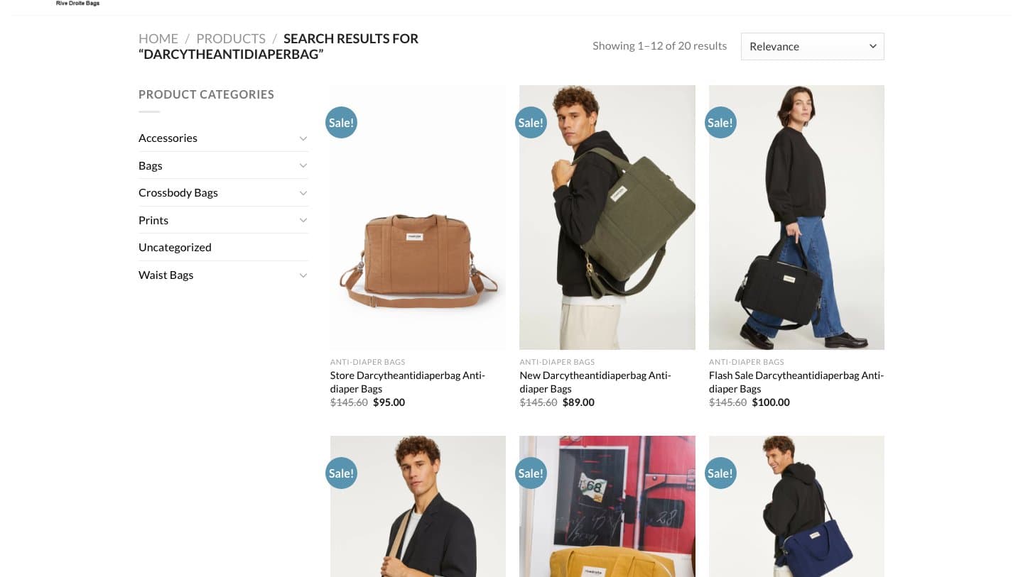 Search results on rivedroitebags.com showing the Darcy bag listed repeatedly with different prefixes