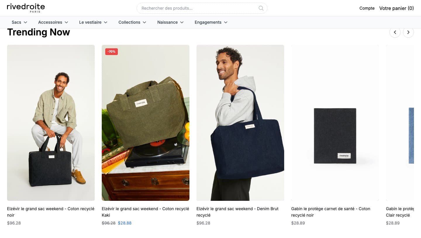 rivedroiteparisstore.shop product carousel with a -70% badge on the Elzévir weekend bag