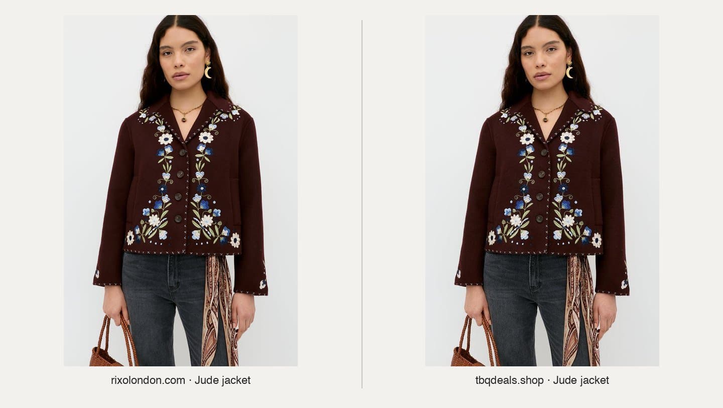 Rixo's official Jude jacket photo next to the same photo on tbqdeals.shop