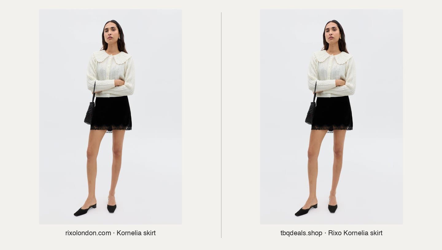 Rixo's official Kornelia skirt photo next to the same photo on tbqdeals.shop