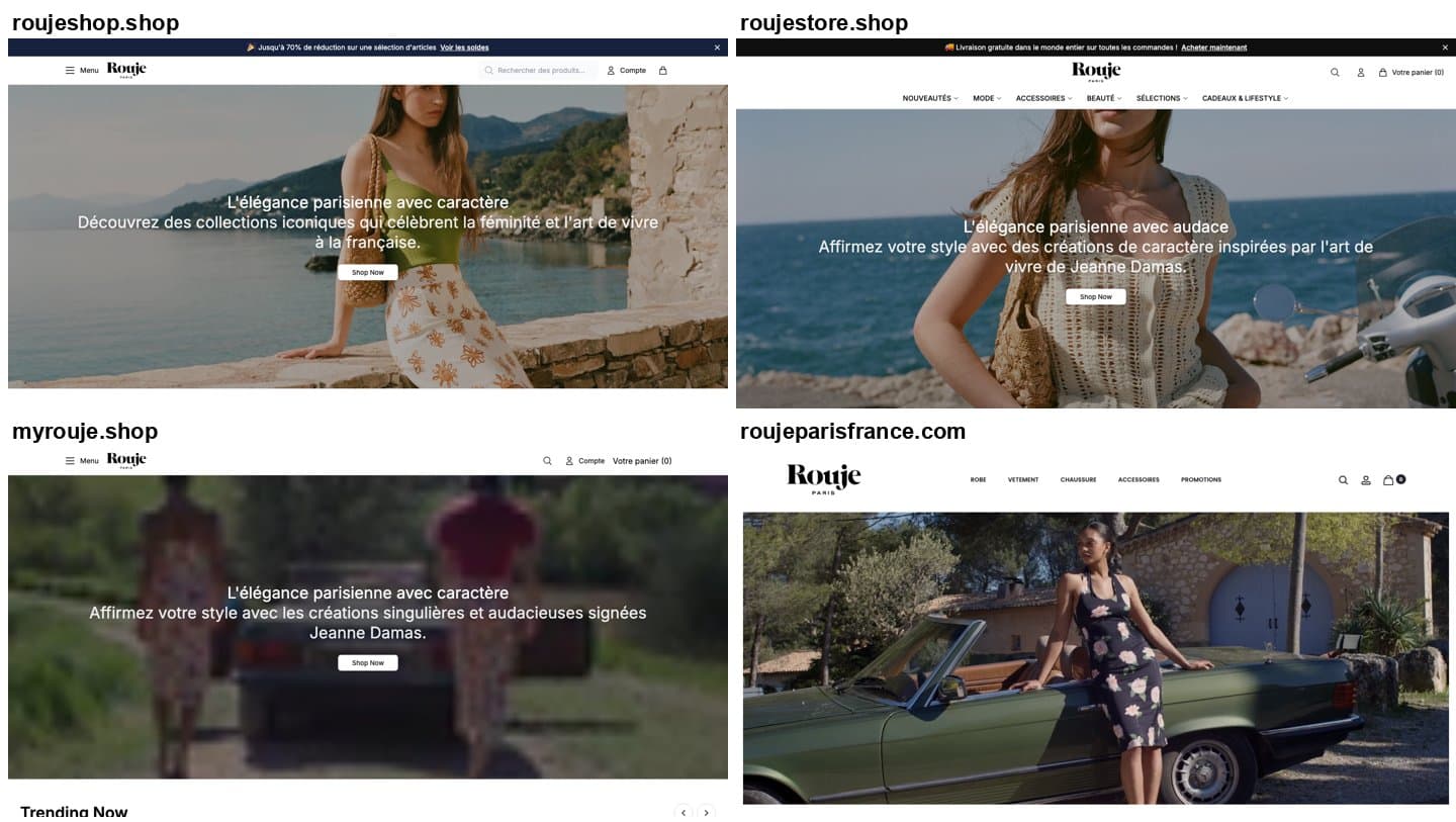 Homepages of roujeshop.shop, roujestore.shop, myrouje.shop and roujeparisfrance.com