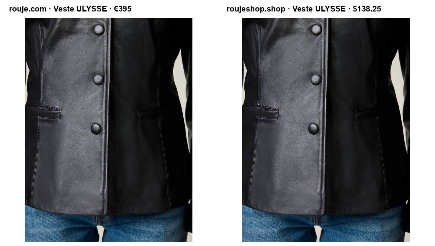Rouje's official Veste ULYSSE photo next to the same photo on roujeshop.shop
