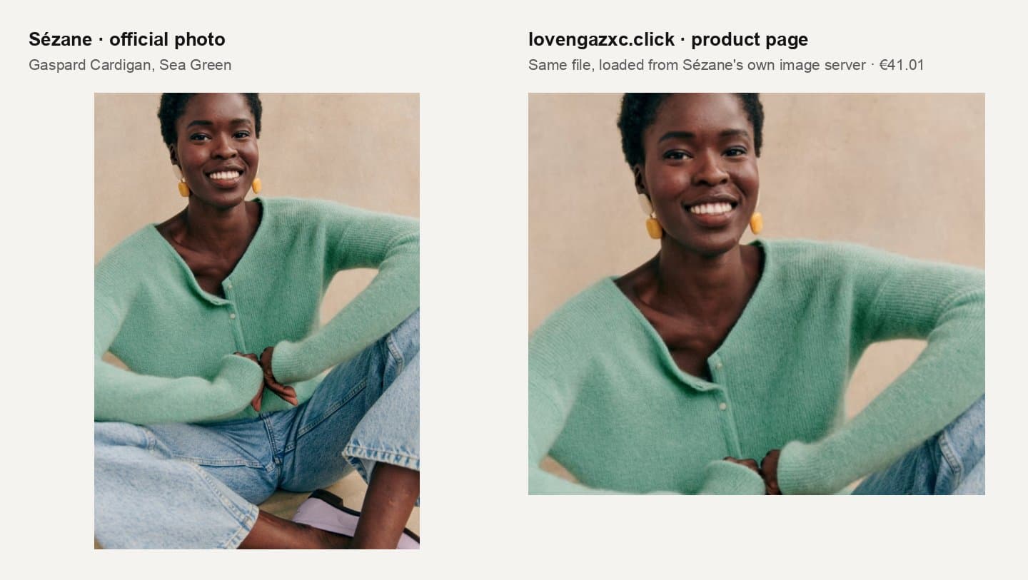 Sézane's official Gaspard Sea Green photo next to the same image on lovengazxc.click