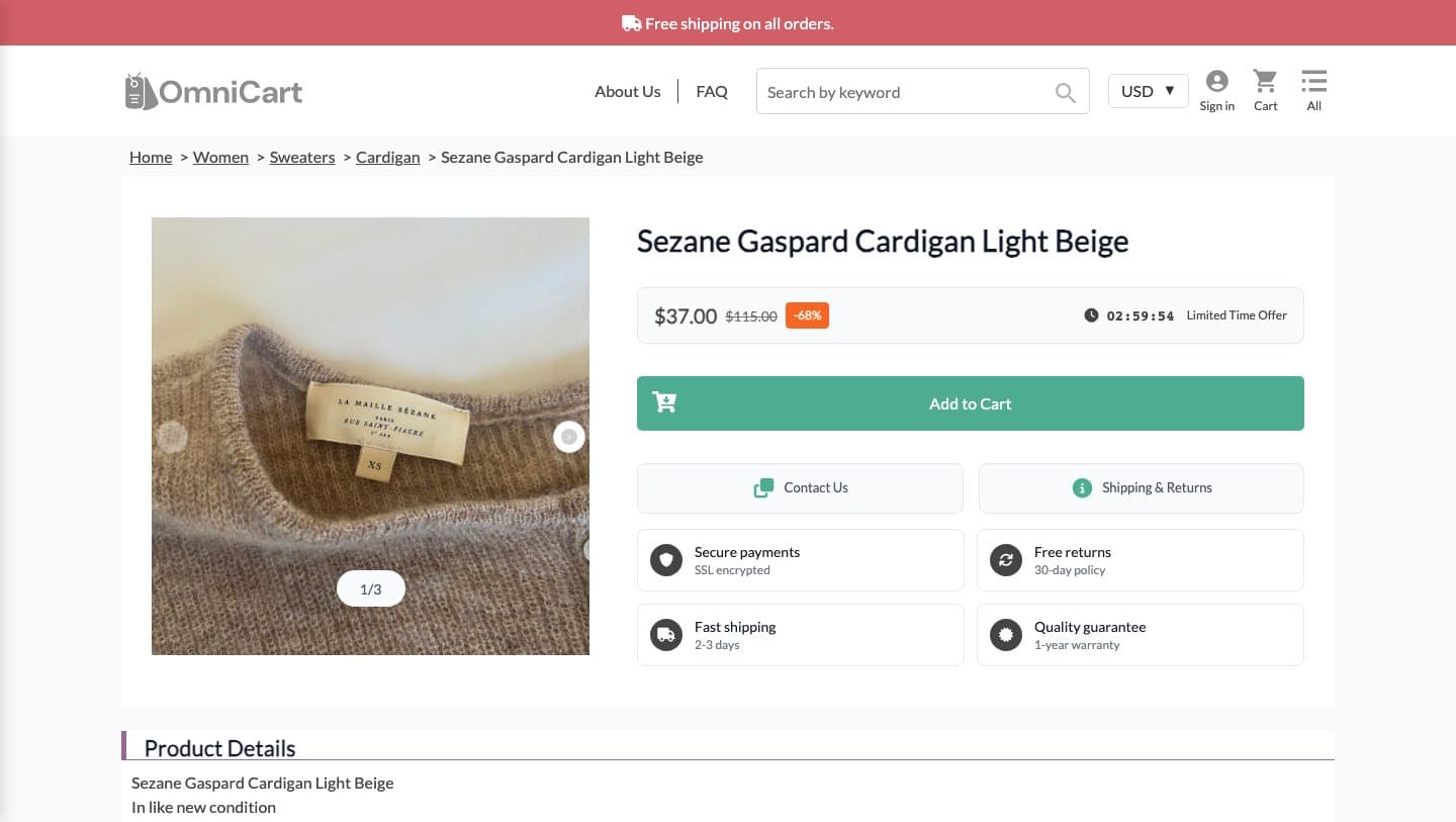 Shop product page listing a Sezane Gaspard Cardigan Light Beige for $37