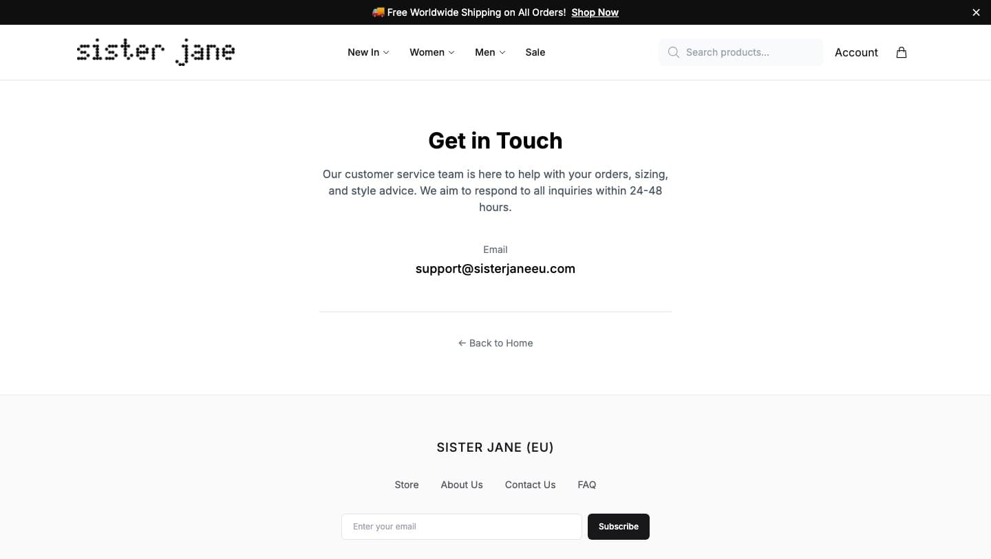 sisterjanestore.shop contact page listing support@sisterjaneeu.com