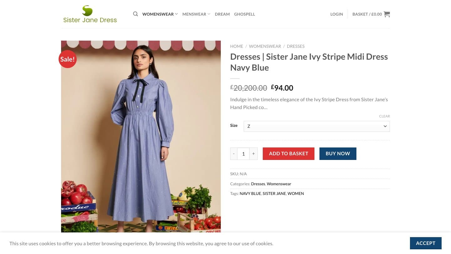 sisterjanedress.com product page for the Ivy Stripe Midi Dress at £94 against £20,200