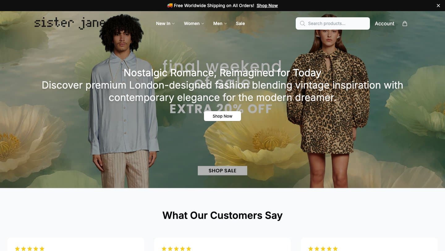 sisterjanestore.shop homepage with the sister jane wordmark and a sale banner