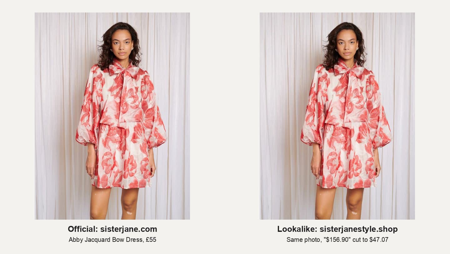 Official Abby Jacquard Bow Dress photo beside the identical photo on sisterjanestyle.shop