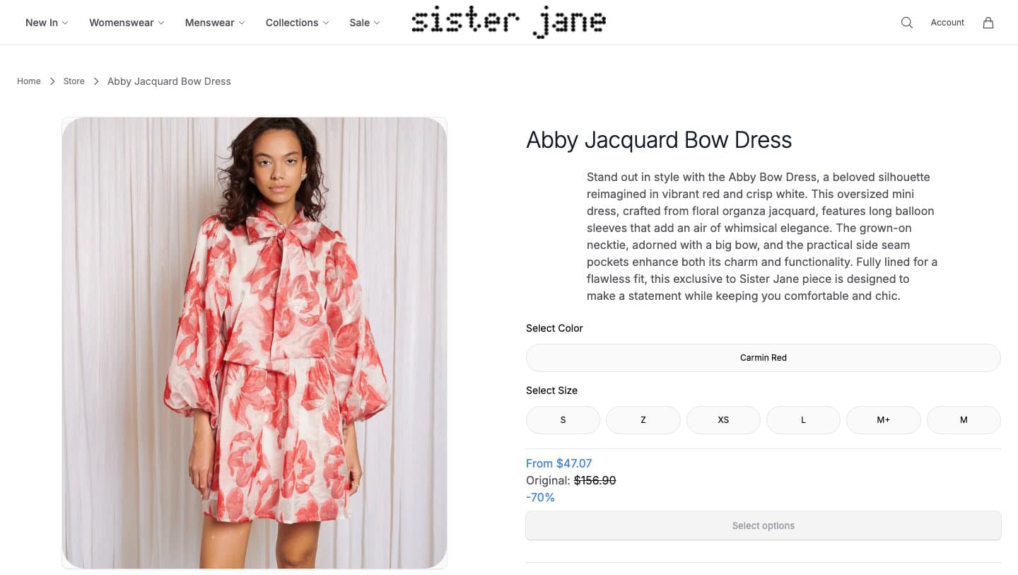 sisterjanestyle.shop product page for the Abby Jacquard Bow Dress at $47.07