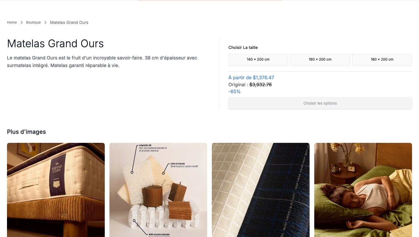 tediberstore.shop product page for Matelas Grand Ours from $1,376.47, original $3,932.76, -65%