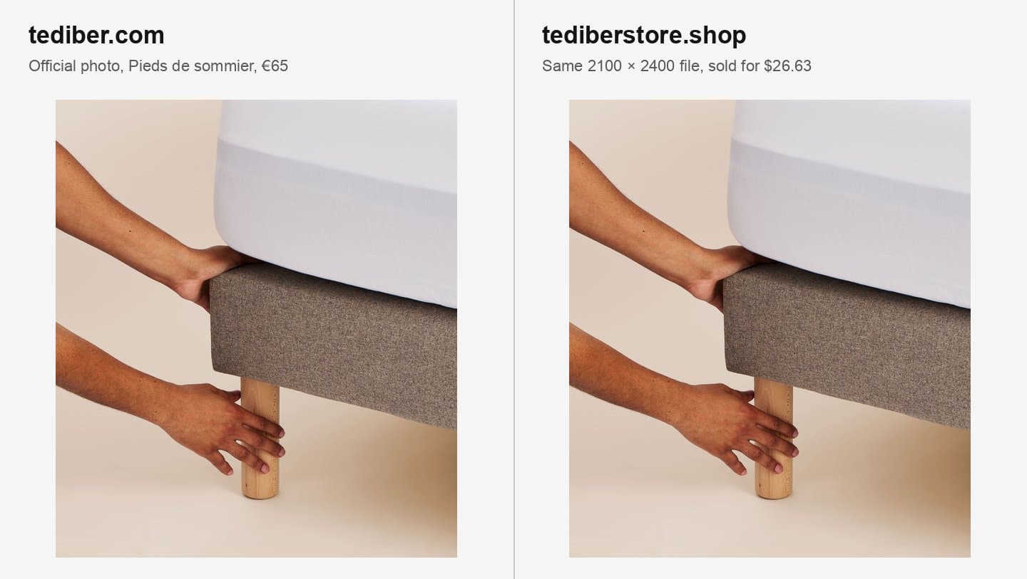 Tediber's official bed-leg photo next to the identical photo on tediberstore.shop