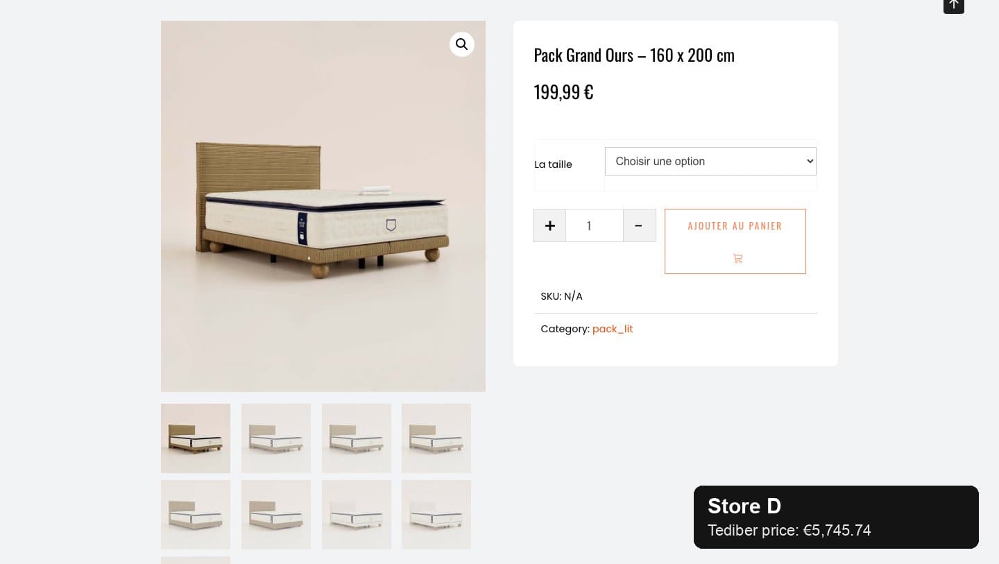 Store D product page for Pack Grand Ours 160 x 200 cm at 199.99 euros