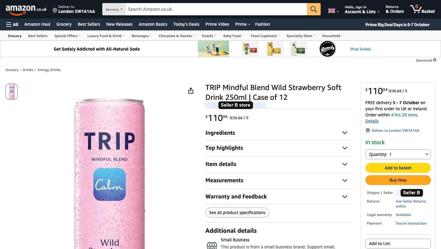 Amazon.co.uk listing for a 12-can case of TRIP Mindful Blend Wild Strawberry priced at £110.04, seller name blurred