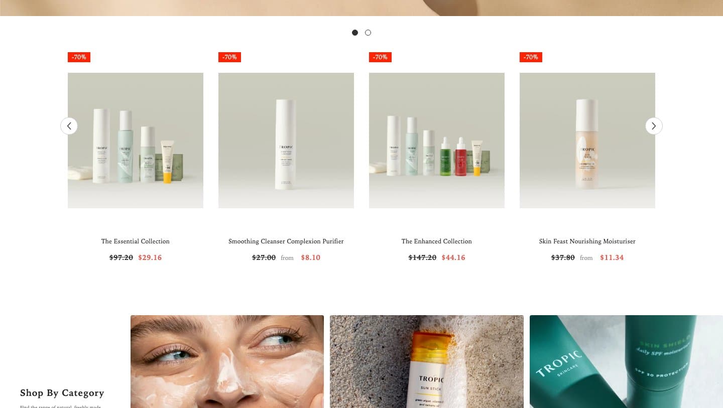 tropicskincareoutlet.com product row with Tropic collections at 70% off