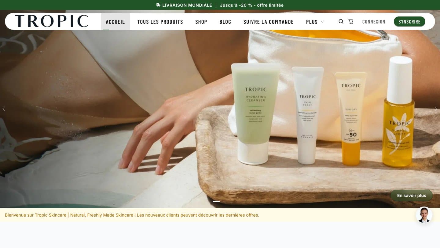 tropicskincareshop.com French-language homepage with the TROPIC wordmark