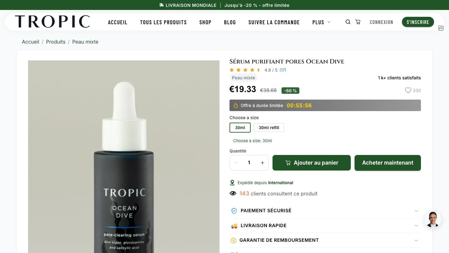 tropicskincareshop.com Ocean Dive serum page at 19.33 euros