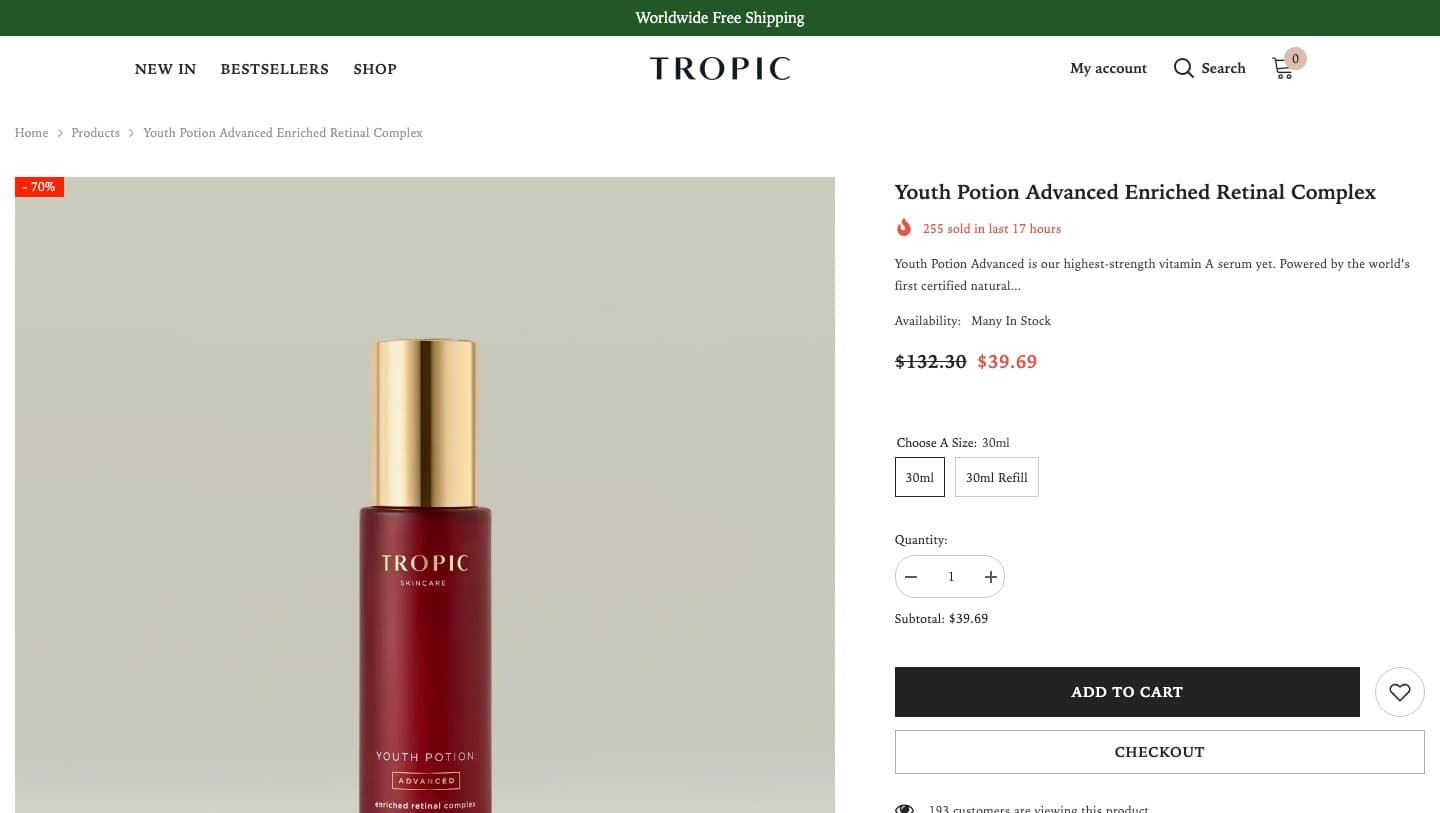 tropicskincareoutlet.com Youth Potion Advanced page claiming 255 sold in 17 hours