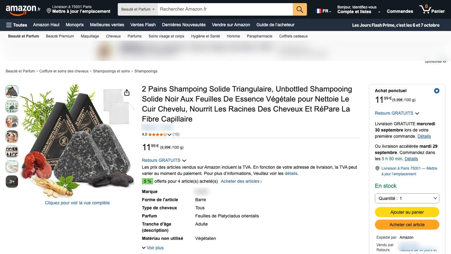Amazon.fr listing for a triangular solid shampoo bar with Unbottled in the title