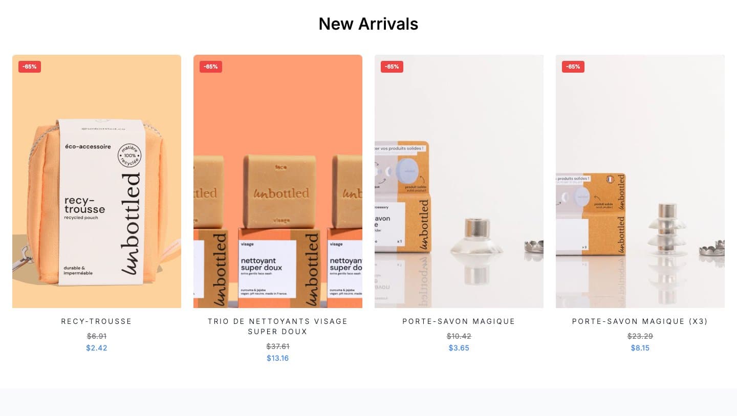 New Arrivals grid on unbottled.shop with -65% badges on Unbottled products