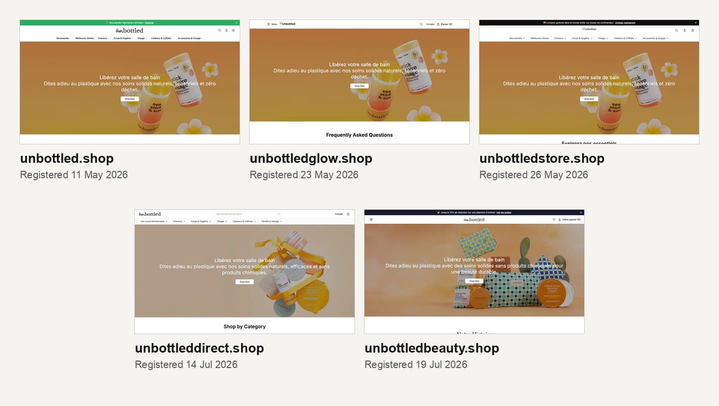 Homepages of five fake Unbottled stores on .shop domains with their registration dates