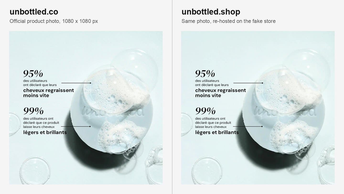 Unbottled's official shampoo photo next to the identical file on unbottled.shop