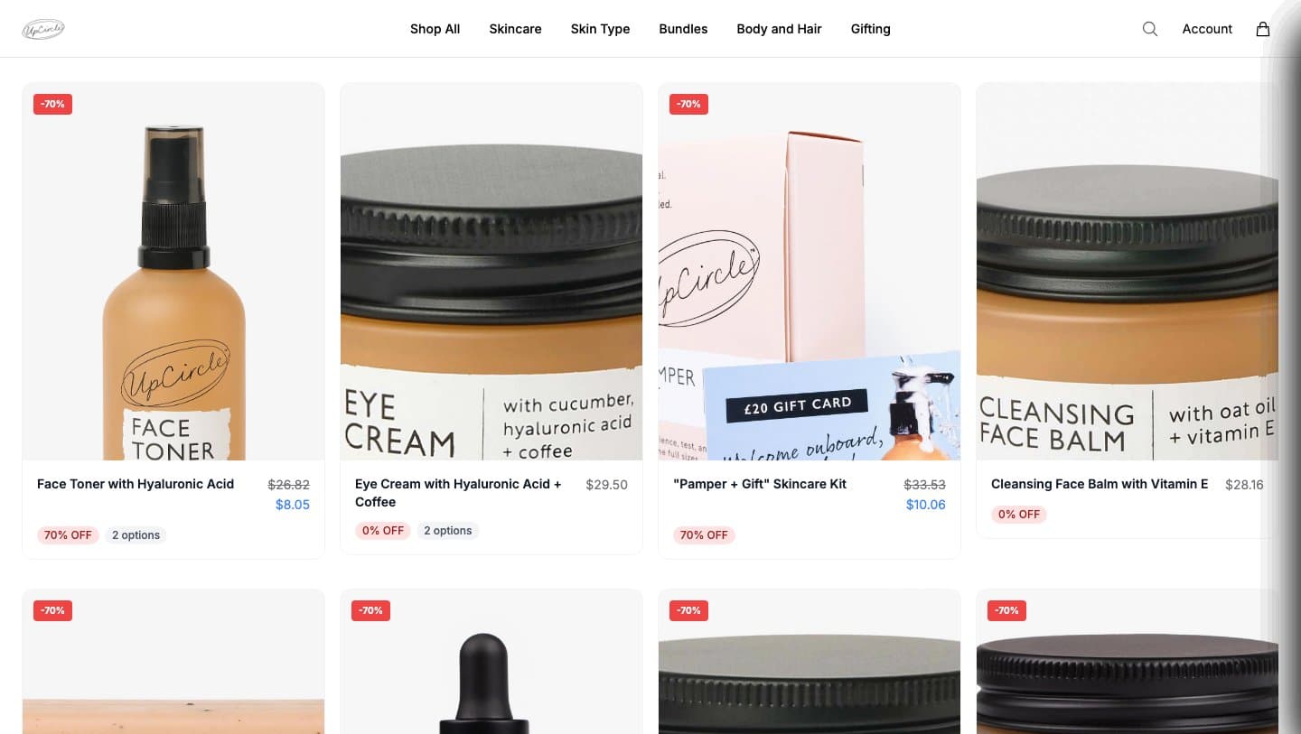 upcirclebeautyhub.shop best-sellers grid with -70% badges