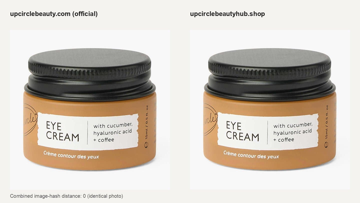UpCircle's official Eye Cream photo next to the same photo on upcirclebeautyhub.shop