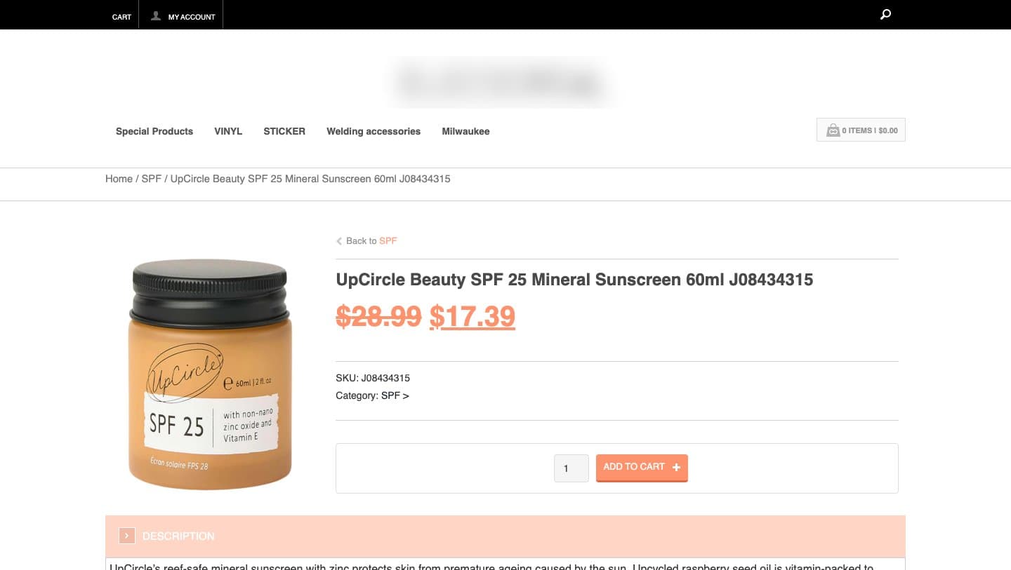 Shop A product page for UpCircle SPF 25 Mineral Sunscreen at $17.39, name blurred