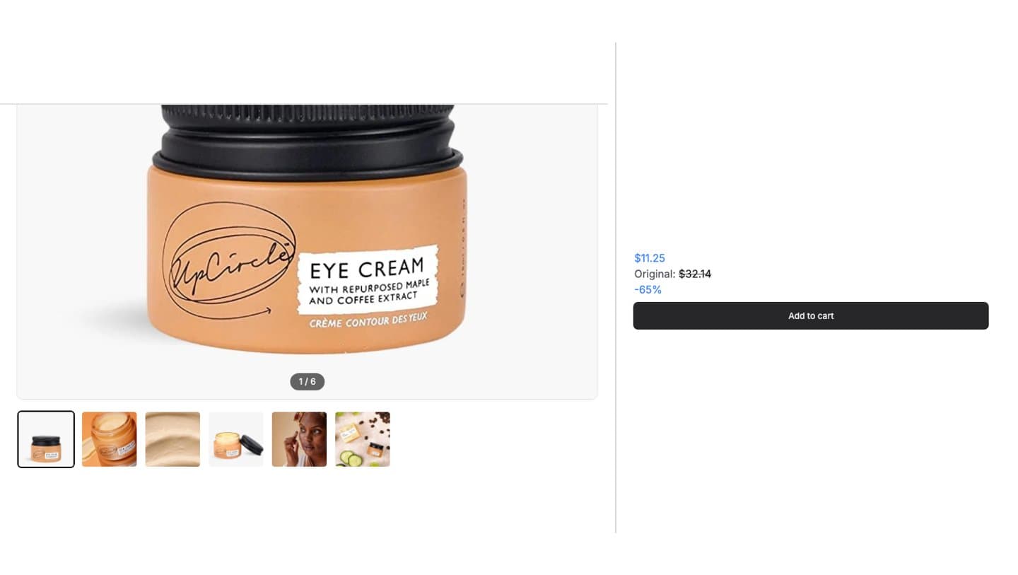 Shop D product page for UpCircle Eye Cream at $11.25, marked -65%