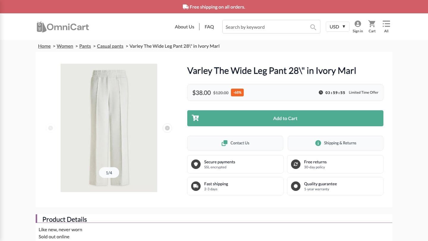 Discount store listing the Varley Wide Leg Pant 28 for $38