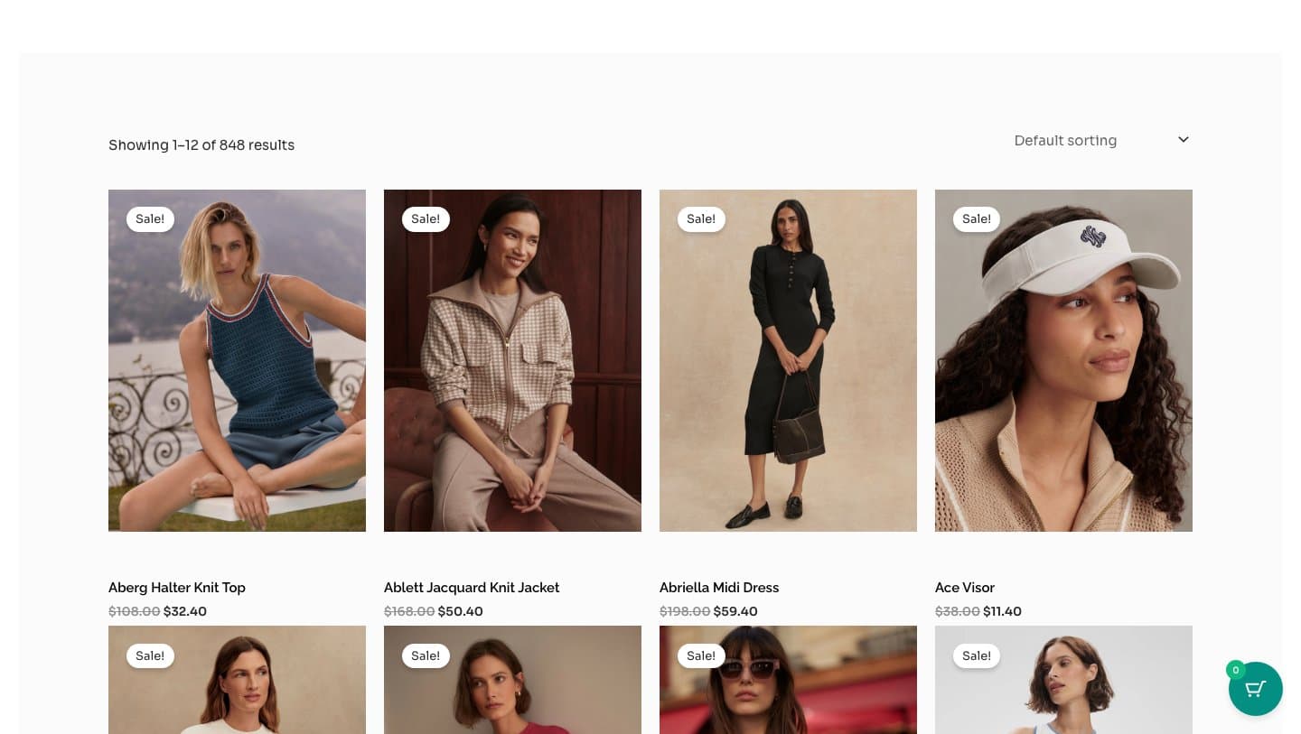 varleyapparel.com shop grid showing 848 Varley products at 70% off