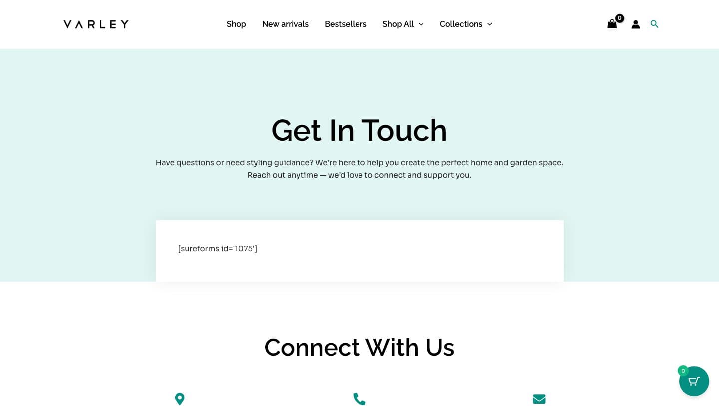 varleyapparel.com contact page mentioning home and garden and a broken form code