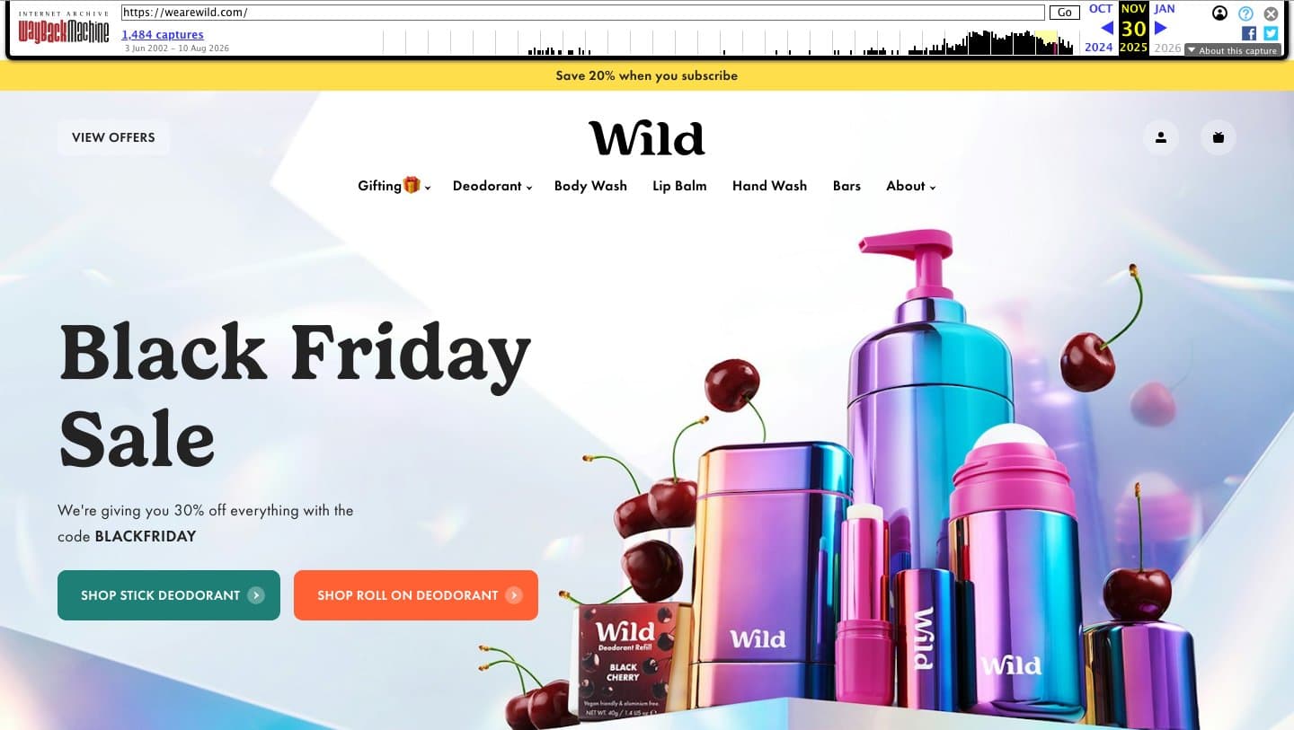 Internet Archive capture of wearewild.com from 30 November 2025 with the Black Friday Sale banner