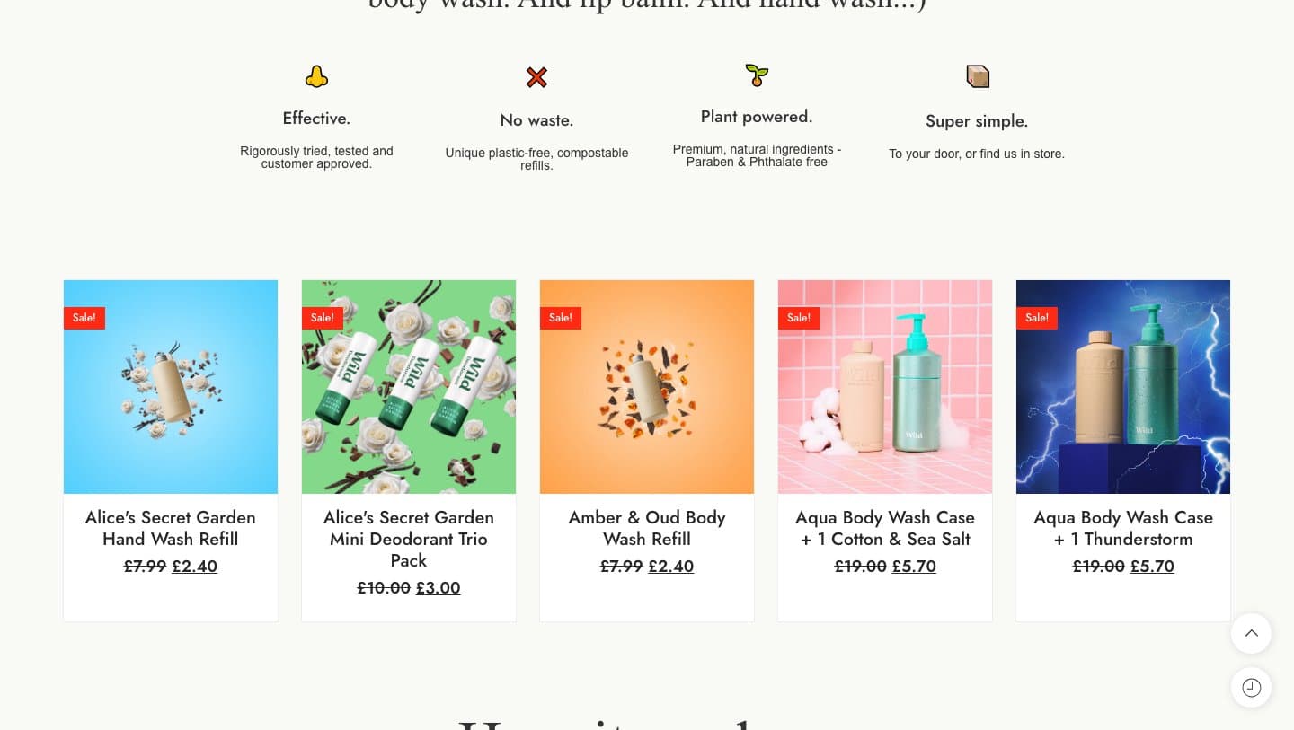 wildbodycare.com homepage product row with body wash and hand wash refills at 70% off