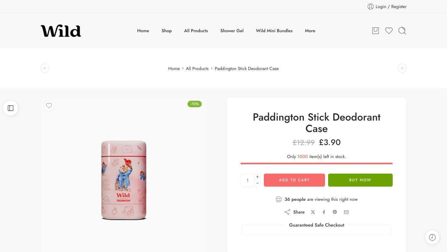 wildbodycare.com product page for the Paddington Stick Deodorant Case at £3.90