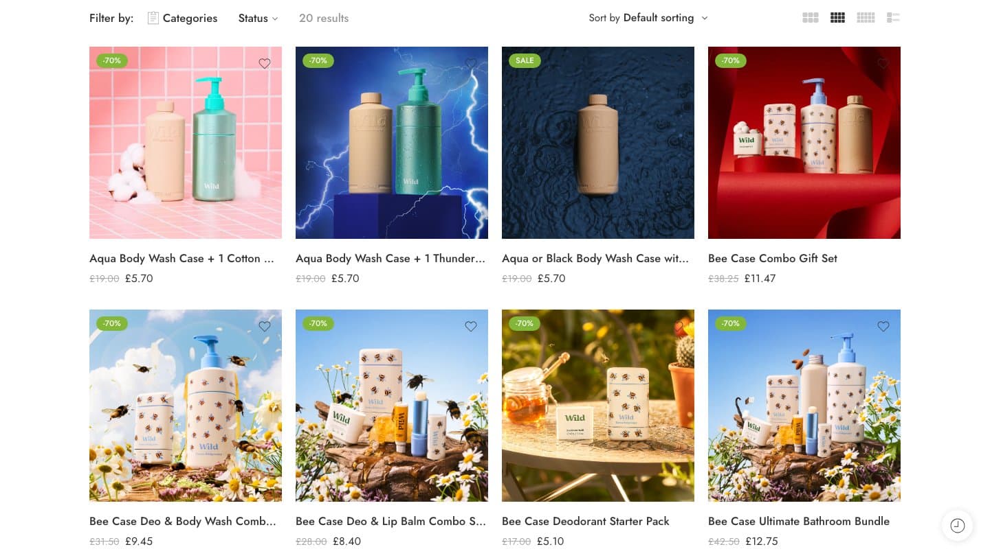 wildbodycare.com shop grid of Wild bundles with -70% badges